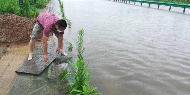 大雨中,公交线长脱掉鞋袜积水中清理污物