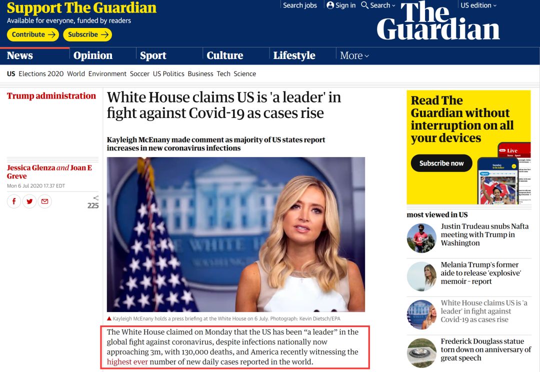  《卫报》：病例增加，白宫声称美国是抗击新冠的“领导者”