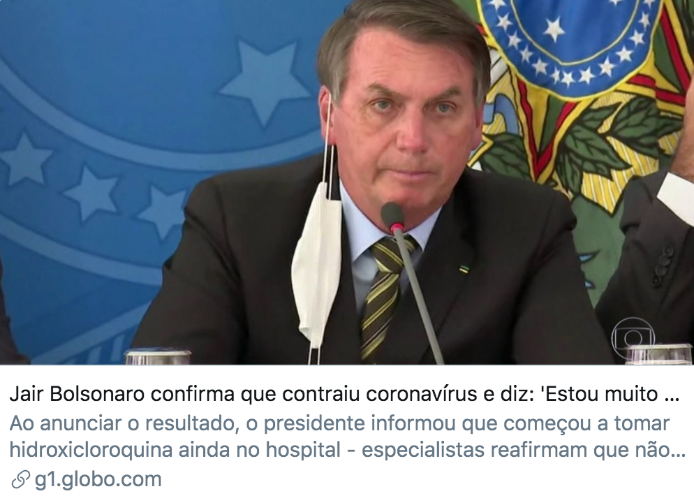 博索纳罗证实他已感染新冠病毒，并表示自己很好。/ 巴西新闻媒体“G1”报道截图