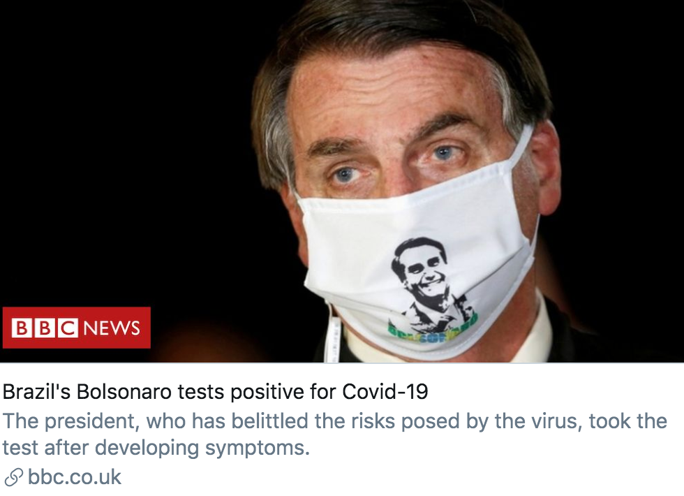 巴西总统博索纳罗的病毒检测呈阳性。/ BBC报道截图