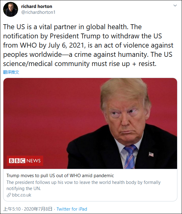 《柳叶刀》主编：中国医务人员值得被无条件感