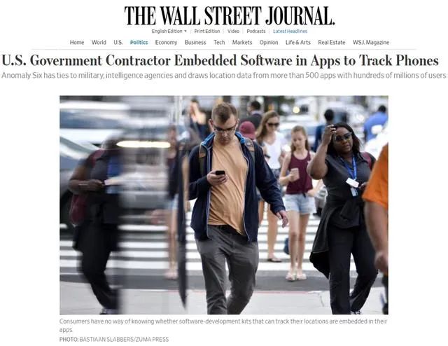 据《华尔街日报》报道,美国公司Anomaly Six近日将其软件植入逾500款APP。图源:华尔街日报