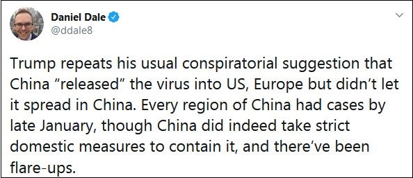 特朗普称不能再政治化新冠病毒 转头就称"中国病毒"