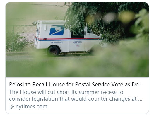佩洛西召回众议员开展邮政法案投票。/《纽约时报》报道截图