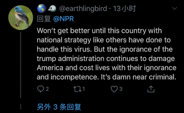 ▲“(经济形势)不会转好直到美国拥有应对病毒的策略。但政府的无知使得其继续以它的无能和愚昧伤害美国,并且是以生命为代价。这简直就是犯罪。”