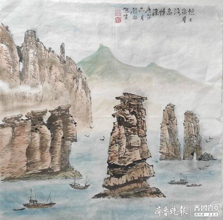 难忘齐鲁壹点年中粉丝节,烟台画家壹粉创作多幅大钦岛山水画