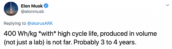 埃隆·马斯克：特斯拉有望在3到4年内批量生产400Wh/kg电池