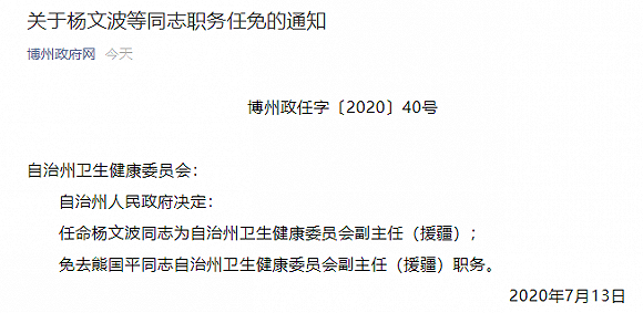 新疆博州:杨文波任自治州卫生健康委员会副主任 熊国平被免