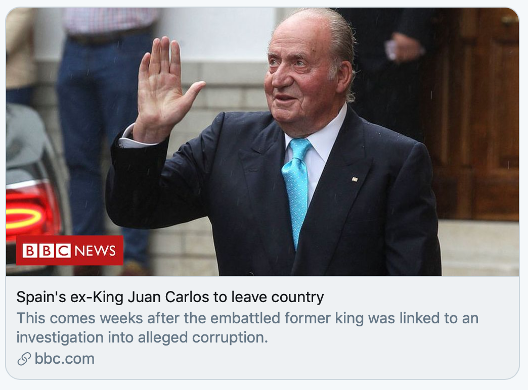西班牙前国王胡安·卡洛斯离开祖国。/BBC报道截图