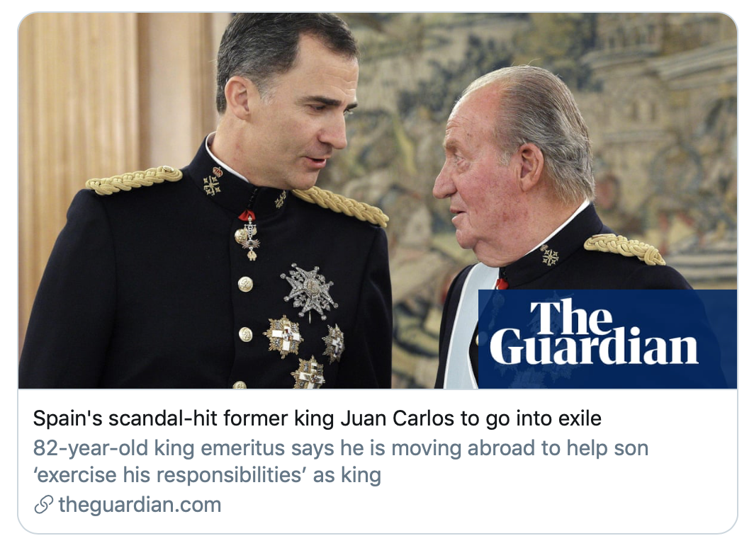 丑闻缠身的西班牙前国王开始流亡。/《卫报》报道截图