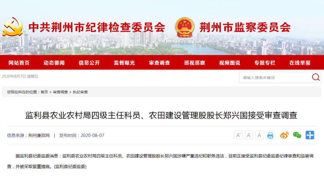 监利县农业农村局四级主任科员,农田建设管理股股长郑兴国接受审查