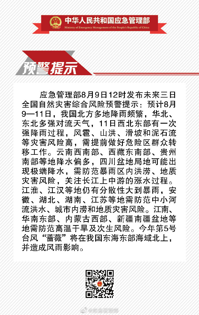 应急管理部发布未来三日全国自然灾害综合风险预警提示