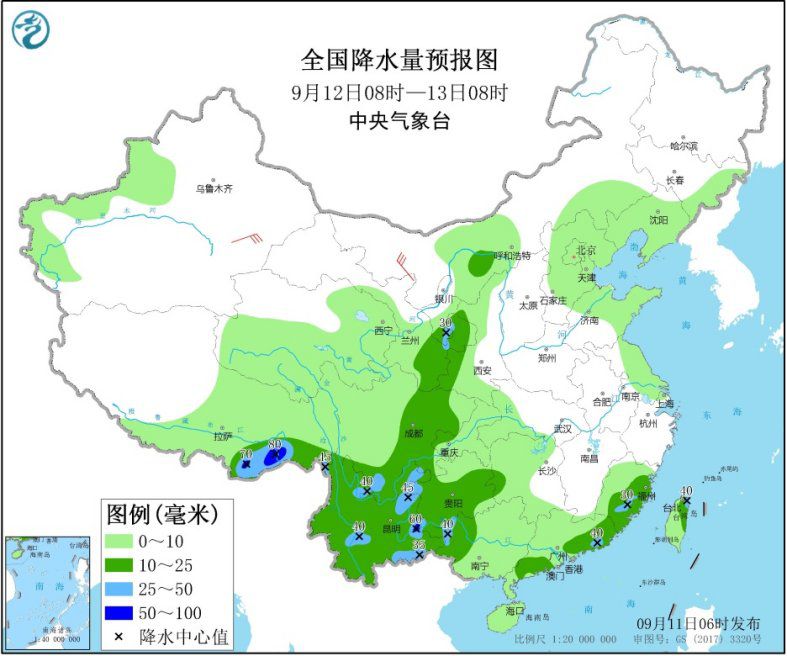 全国降水量预报图(9月12日08时-13日08时)