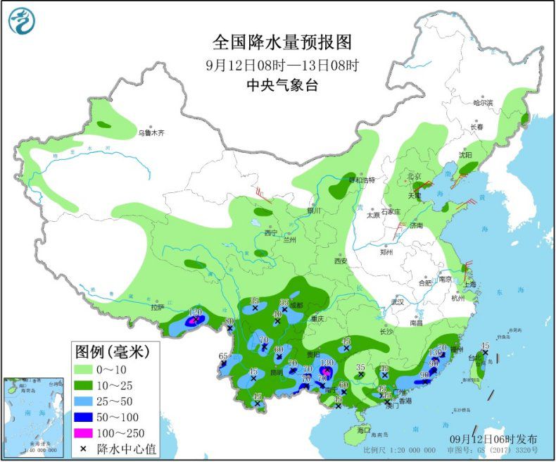 全国降水量预报图(9月12日08时-13日08时) 图片来源:中央气象台网站