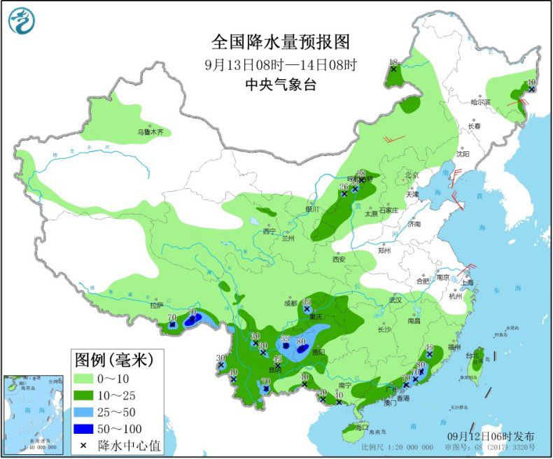 全国降水量预报图(9月13日08时-14日08时) 图片来源:中央气象台网站