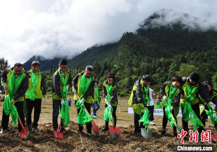 图为活动参与者在西藏林芝米林县德吉新村为刚播撒的草籽覆土。　张伟 摄