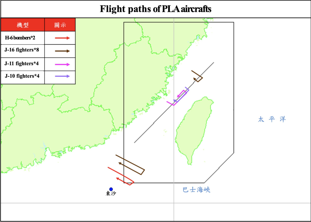歼-16从南部、北部进入台军空域、歼-10和歼-11进入台湾中北部空域,轰-6进入台湾南部空域 图源:台军