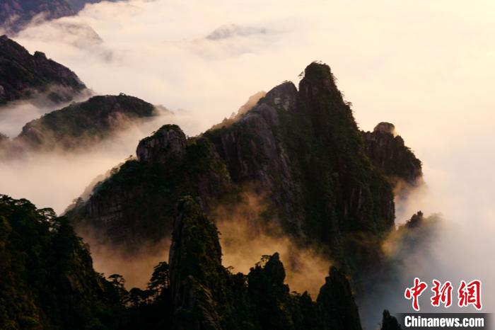 18日傍晚,黄山云海翻腾 青褐色的山峰矗立其间。 方玮 摄