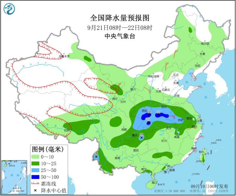 全国降水量预报图（9月21日08时-22日08时）