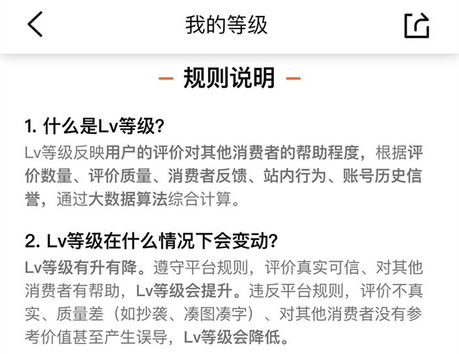 在大众点评手机端“我的”页面可以找到平台对于Lv等级的规则说明
