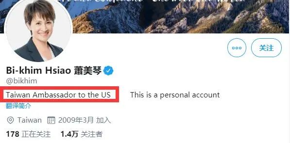 萧美琴将简介改为“台湾驻美大使”(截图)