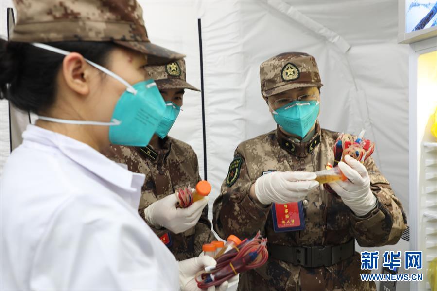中国工程院院士陈薇(右)在搭建的负压帐篷实行室查抄血清星散(3月26日摄)。新华社发(张振威 摄)
