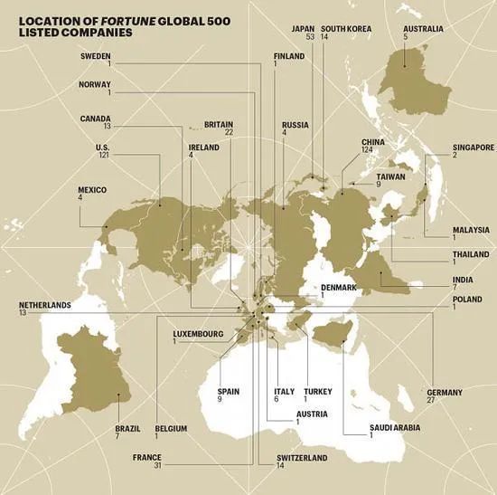 ▲全球500强企业分布图。在今年8月份美国《财富》杂志评选出的最新全球500强企业榜单中，中国企业数量首次超过美国跃居第一。 图/美国《财富》杂志