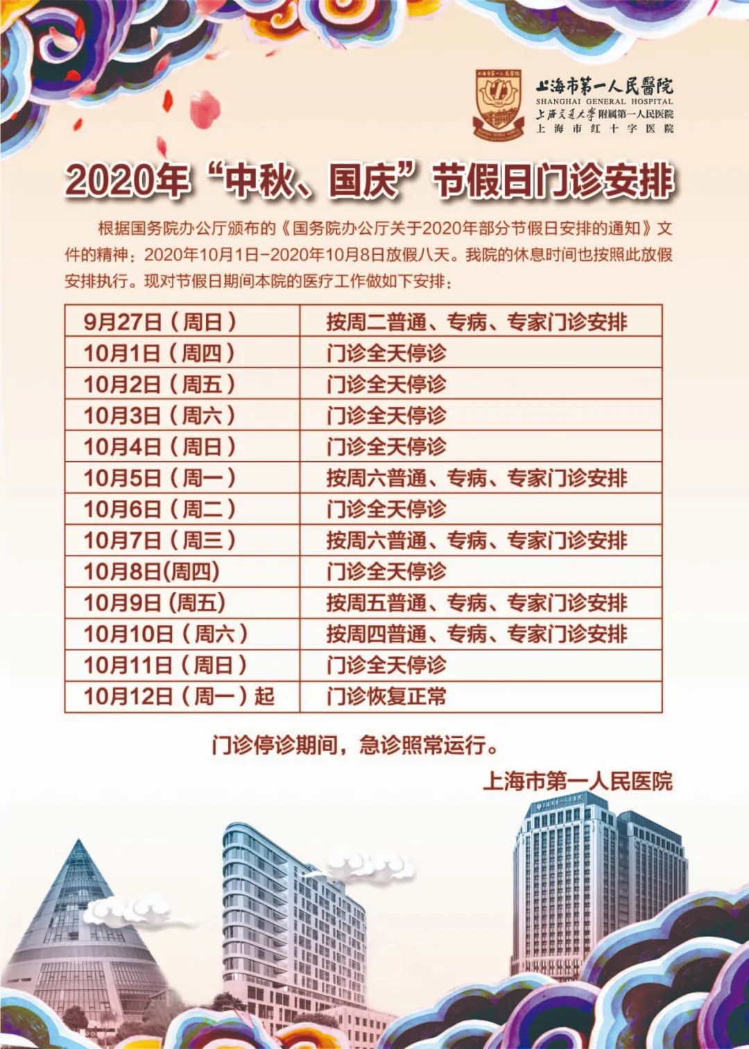 收藏帖！上海三级医院国庆中秋假期门急诊安排