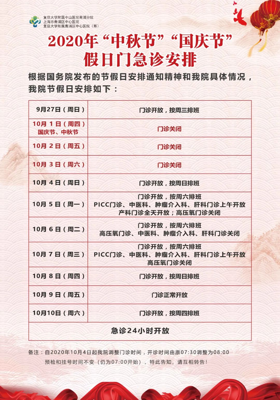 收藏帖！上海三级医院国庆中秋假期门急诊安排