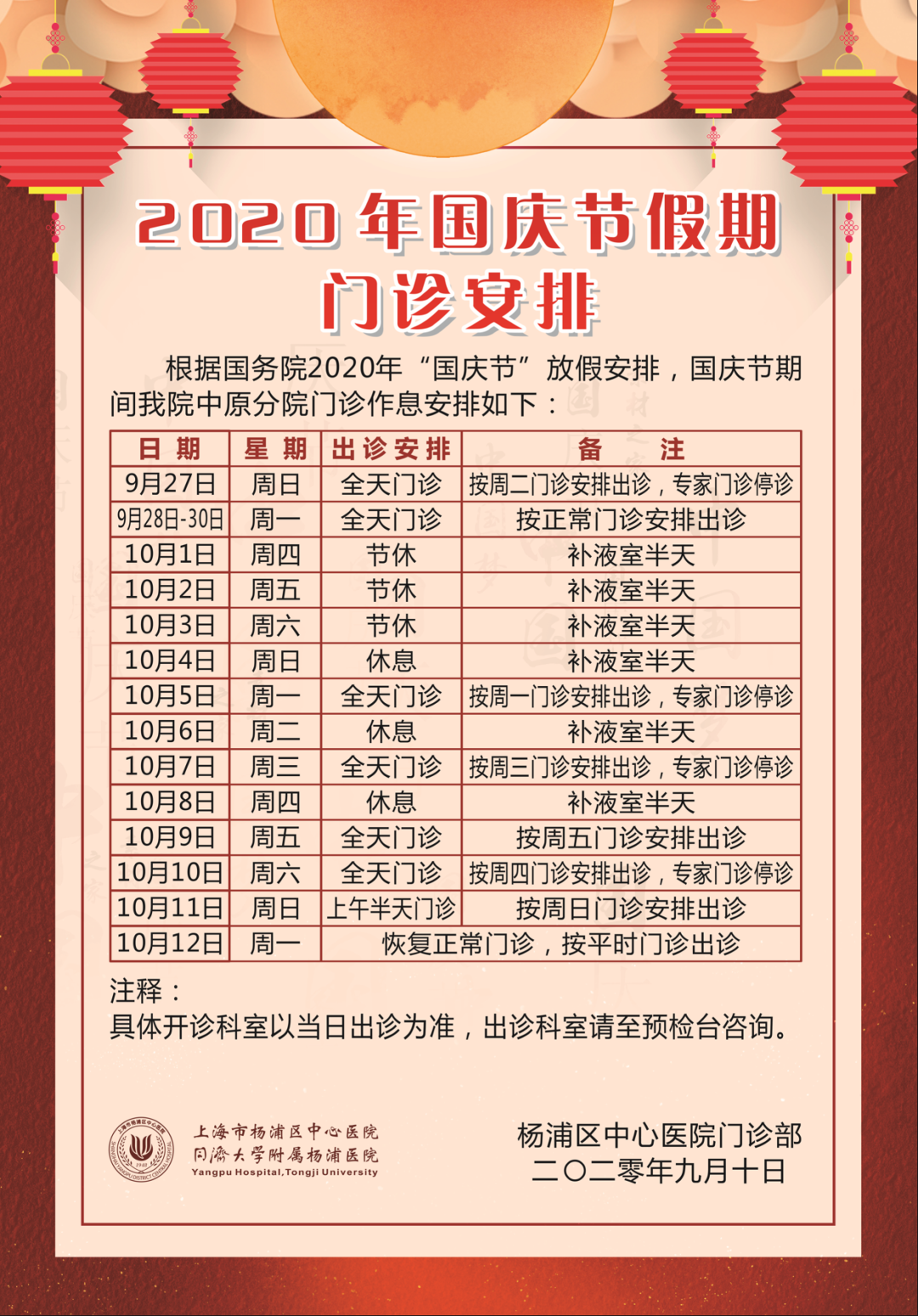 收藏帖！上海三级医院国庆中秋假期门急诊安排