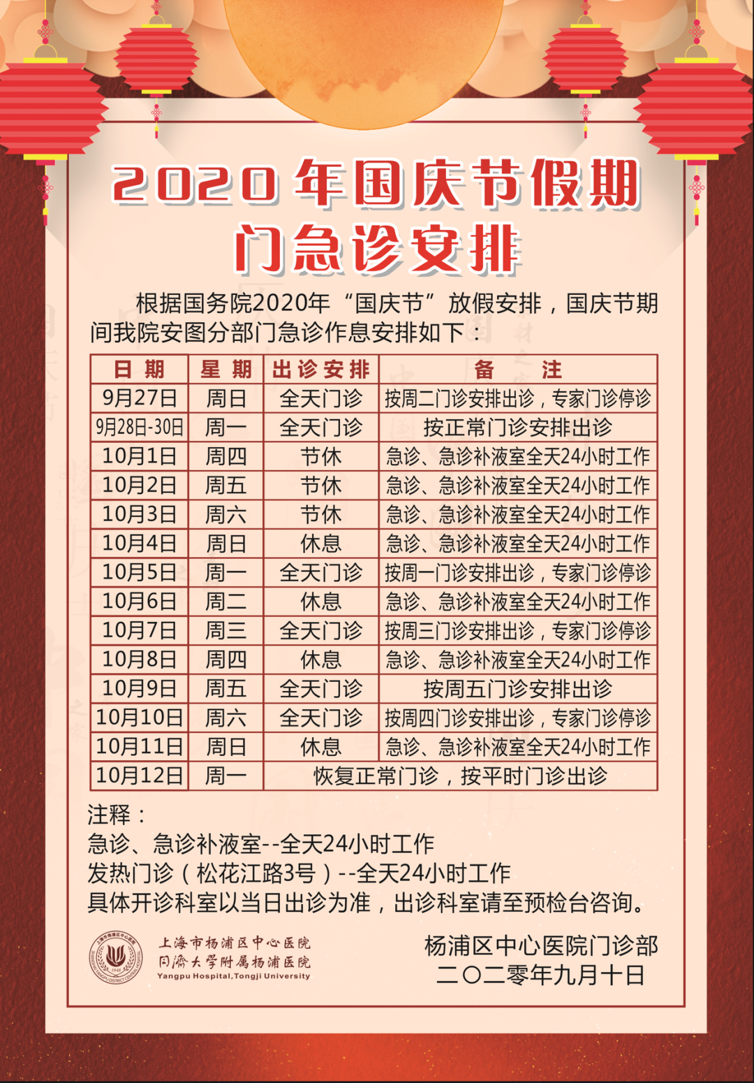 收藏帖！上海三级医院国庆中秋假期门急诊安排