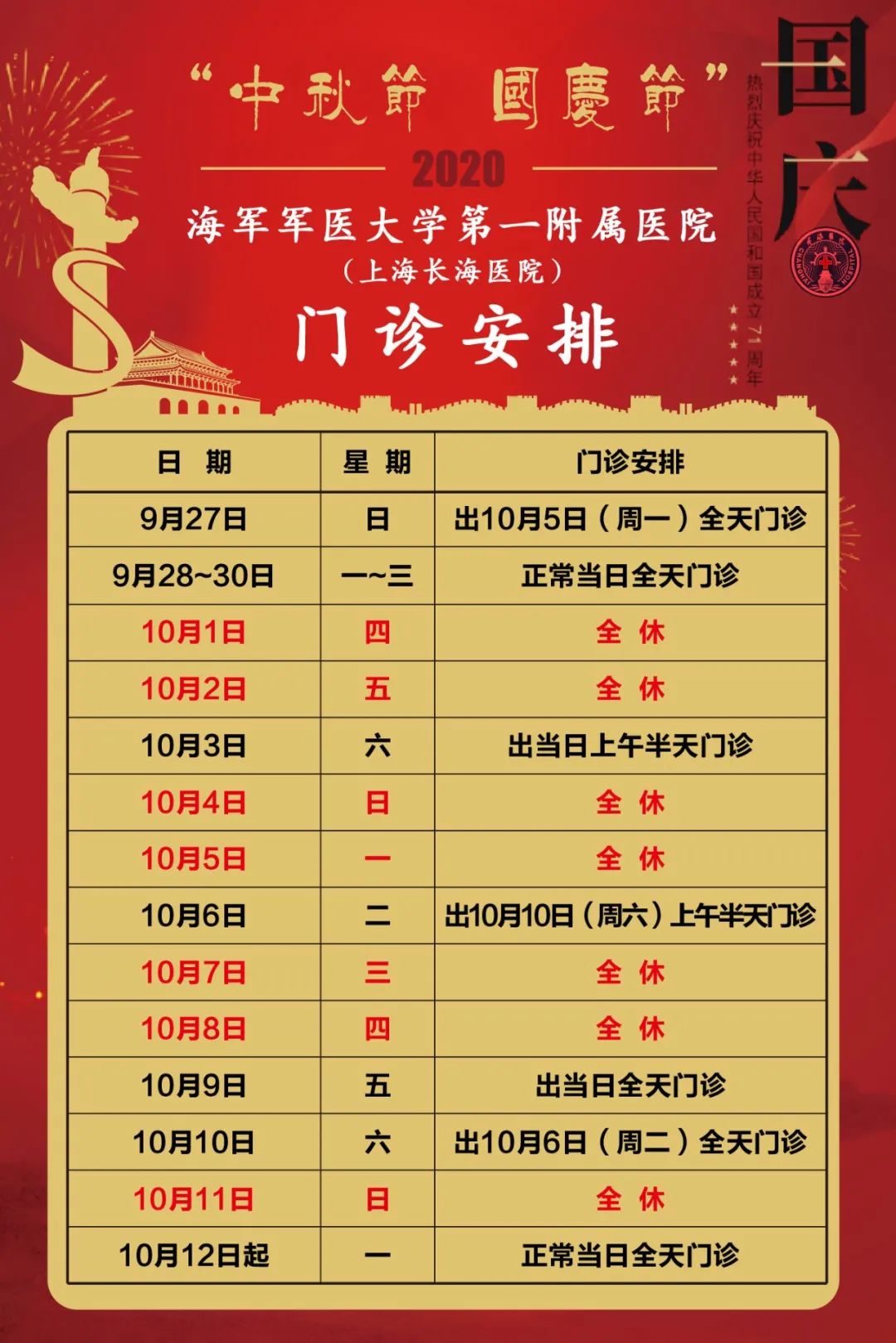 收藏帖！上海三级医院国庆中秋假期门急诊安排
