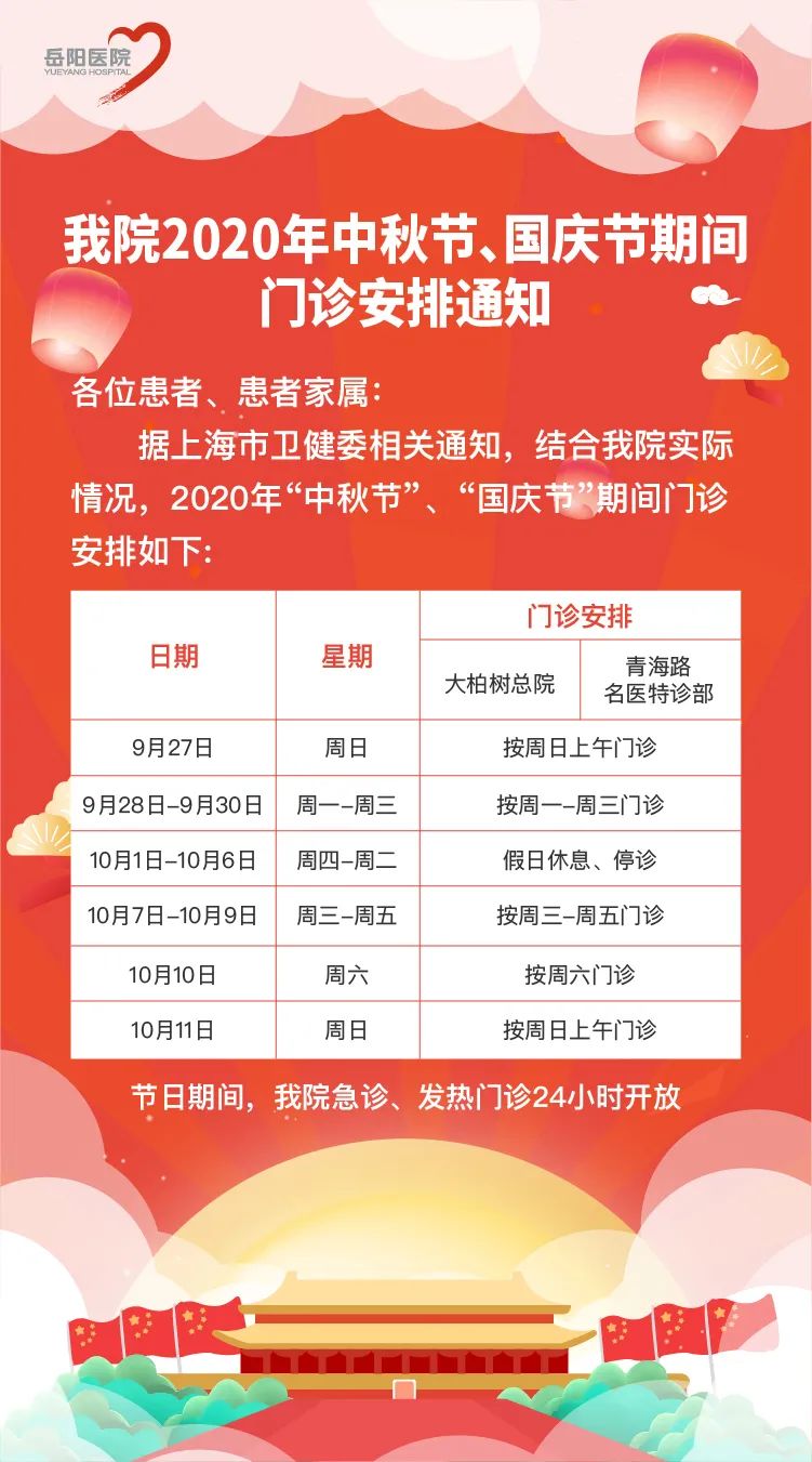 收藏帖！上海三级医院国庆中秋假期门急诊安排