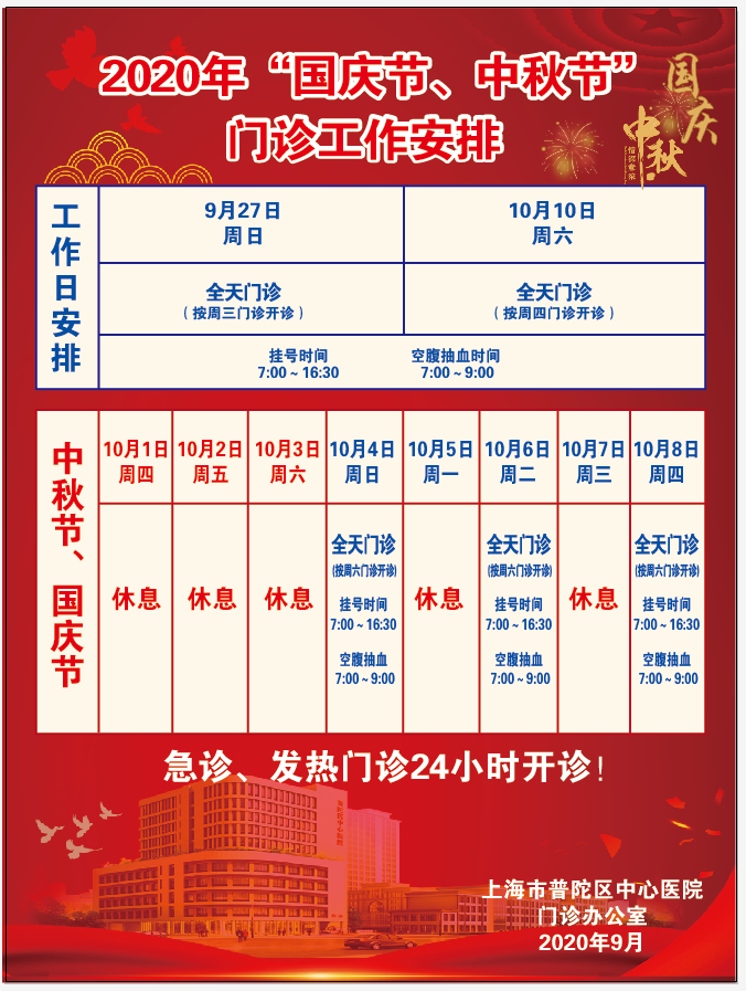 收藏帖！上海三级医院国庆中秋假期门急诊安排