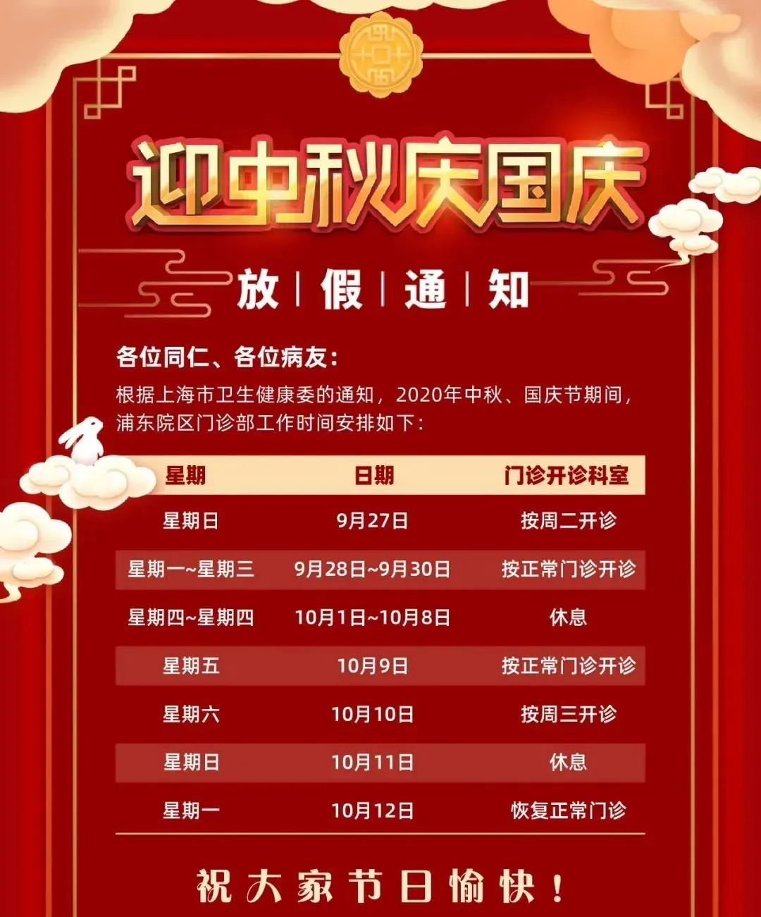 收藏帖！上海三级医院国庆中秋假期门急诊安排
