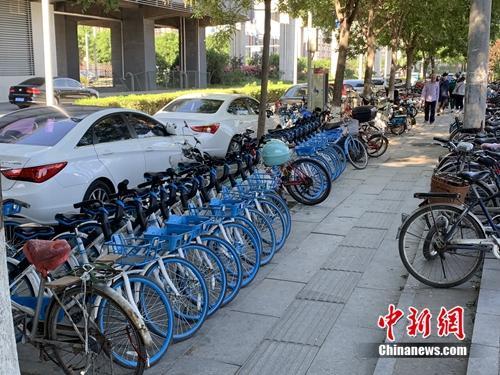 北京某郊区地铁口的共享单车。中新网 吴涛 摄