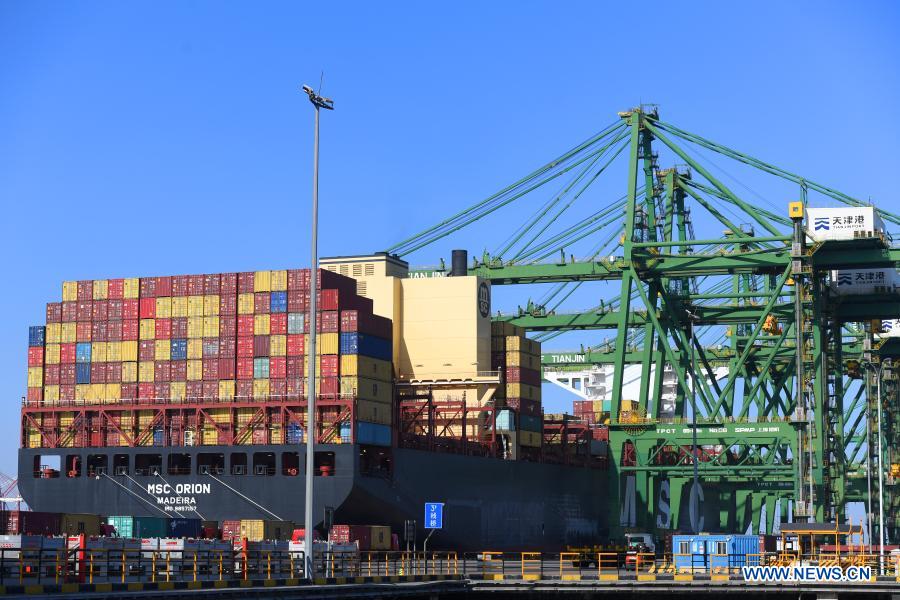 A container ship is seen at the Pacific international container terminal at the Tianjin Port of north China's Tianjin Municipality, Jan. 11, 2021. The Tianjin Port set a new record of 18.35 million twenty-foot equivalent units (TEU) for its container throughput in 2020, or a year-on-year growth of 6.1 percent. (Xinhua/Zhao Zishuo)