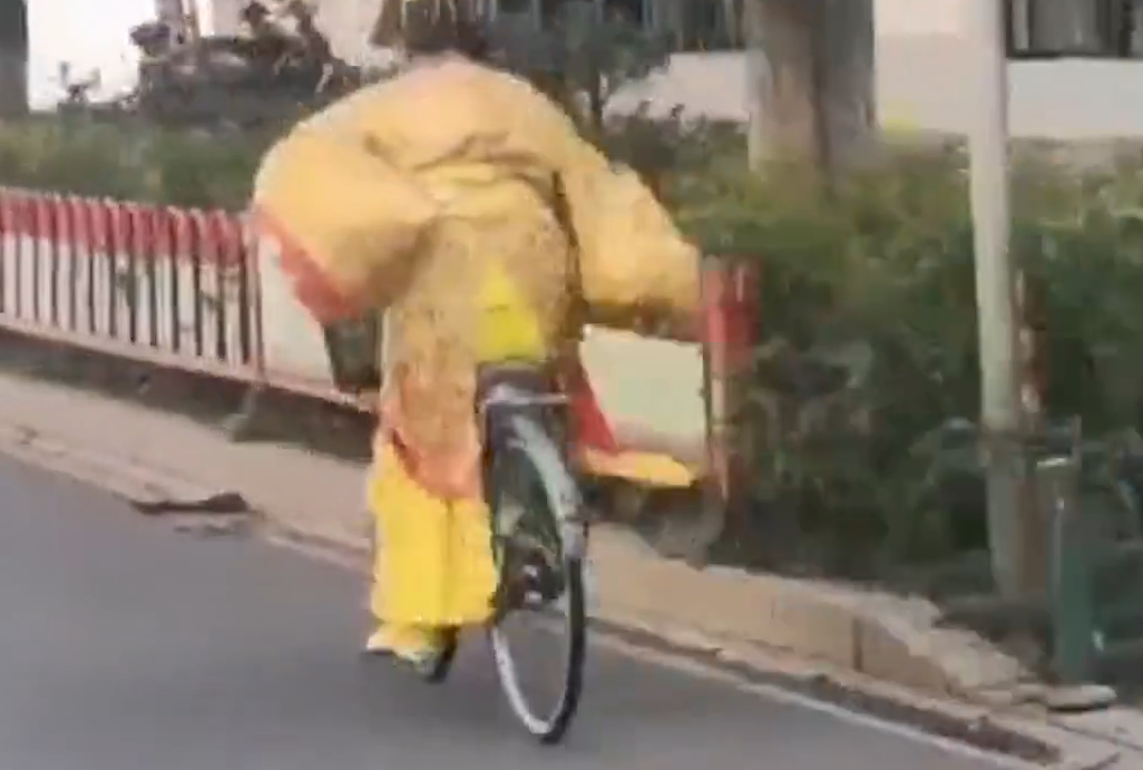 男子穿龙袍骑自行车一路狂蹬,画面太搞笑!网友:赶去上朝?