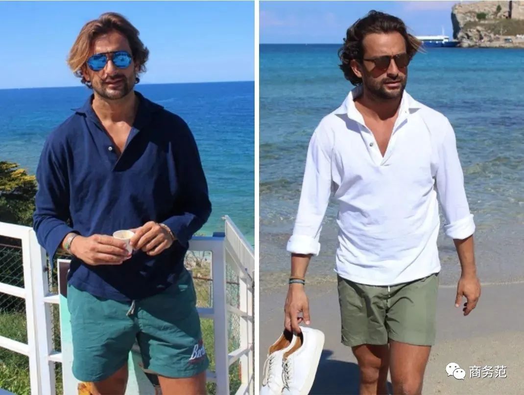 沙滩短裤是他在去海边玩耍时会选择的单品,搭配长袖polo,舒适度满分.