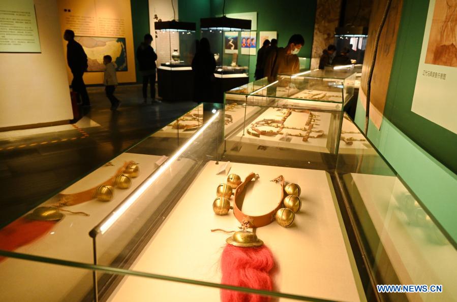 An exhibit is displayed during an exhibition of cultural relics from ancient China's Liao Dynasty (907-1125) at Fujian Museum in Fuzhou City, southeast China's Fujian Province, Jan. 17, 2021. The exhibition, displaying a total of 120 precious treasures, lasts until March 28 and is free to the public. (Xinhua/Lin Shanchuan)