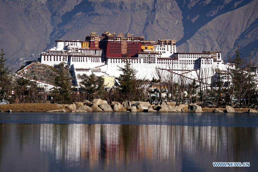 Photo taken on Jan. 18, 2021 shows a view of the Potala Palace, a UNESCO world heritage site dating back to the 7th century, in Lhasa, capital of southwest China's Tibet Autonomous Region. (Xinhua/Zhan Yan)