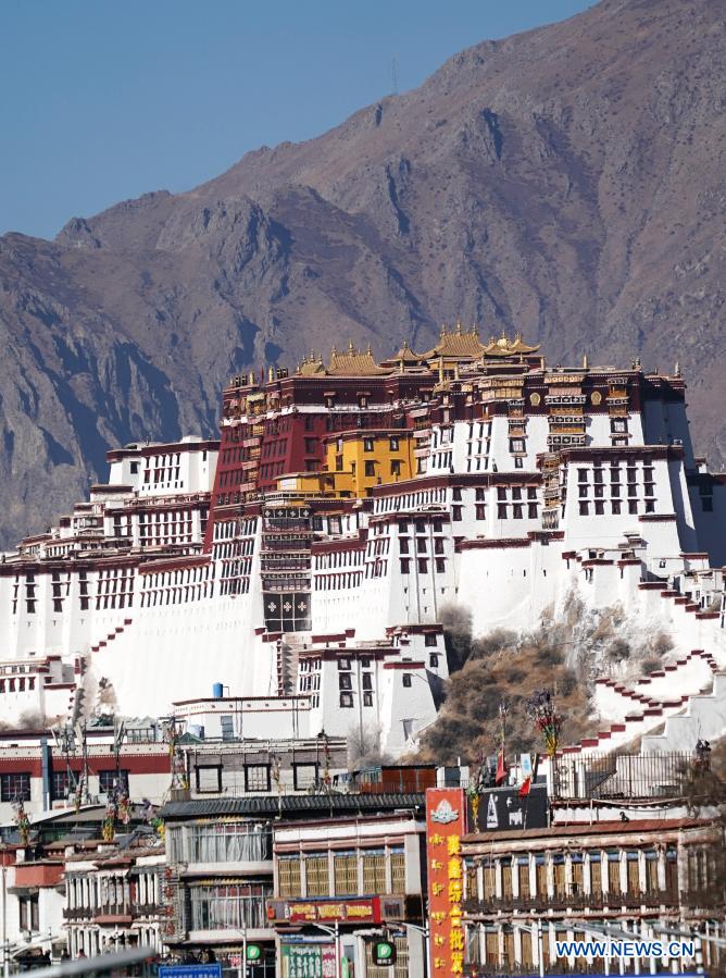 Photo taken on Jan. 18, 2021 shows a view of the Potala Palace, a UNESCO world heritage site dating back to the 7th century, in Lhasa, capital of southwest China's Tibet Autonomous Region. (Xinhua/Zhan Yan)