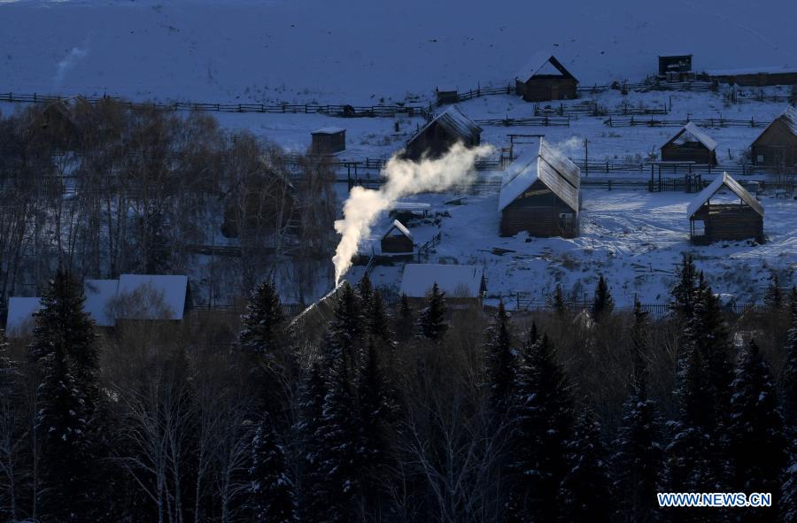 Photo taken on Jan. 10, 2021 shows the snow scenery in Hemu Village of Kanas, northwest China's Xinjiang Uygur Autonomous Region. (Xinhua/Sadat)