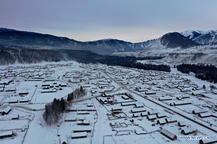 Aerial photo taken on Jan. 10, 2021 shows the snow scenery in Hemu Village of Kanas, northwest China's Xinjiang Uygur Autonomous Region. (Xinhua/Sadat)