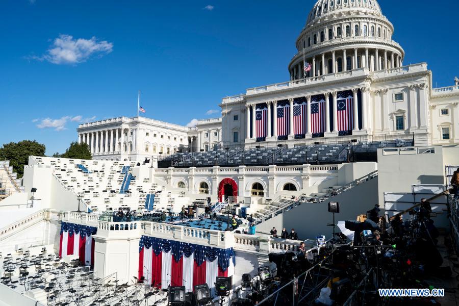 Photo taken on Jan. 19, 2021 shows a view of the stage ahead of the 59th Presidential Inauguration on Capitol Hill in Washington, D.C, the United States. President-elect Joe Biden's inauguration will be held on Wednesday. (Xinhua/Liu Jie)
