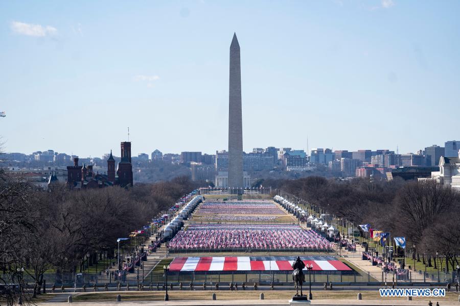 Photo taken on Jan. 19, 2021 shows a view of the National Mall ahead of the 59th Presidential Inauguration in Washington, D.C, the United States. President-elect Joe Biden's inauguration will be held on Wednesday. (Xinhua/Liu Jie)