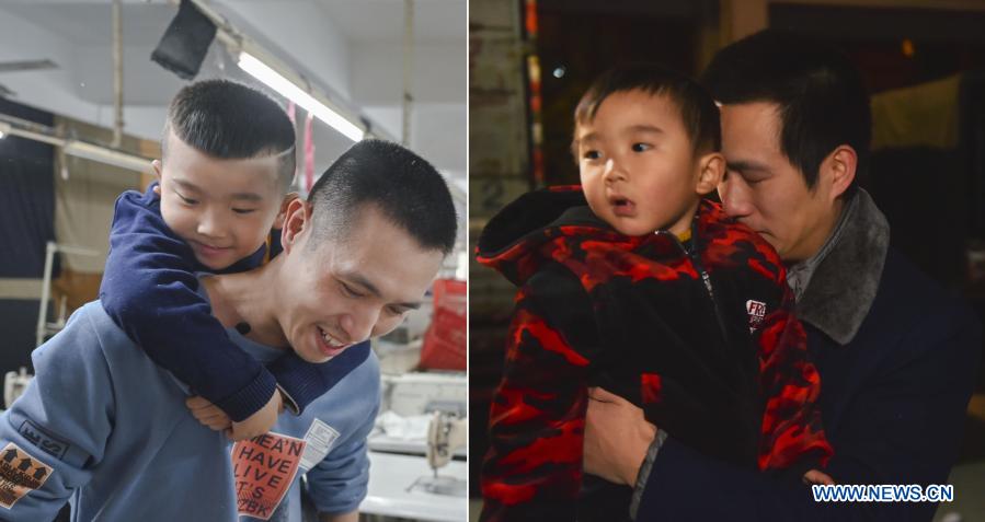 The left part of the combo photo shows Huang Hailong playing with his son Congcong at a garment factory in Shishi, southeast China's Fujian Province, Jan. 26, 2021; The right part of the combo photo shows Huang Hailong saying goodbye to his son Congcong before leaving him for Sichuan Province, in southeast China's Fujian Province, Feb. 2, 2018. Following the resurgence of sporadic COVID-19 cases, many places across China have encouraged residents and migrant workers to stay put to celebrate the Spring Festival, to reduce the flow of personnel and curb the spread of the coronavirus during the holiday period. Huang Hailong, a migrant worker in Shishi, said it would be his first time in past years to spend the holiday in Shishi instead of his hometown in the city of Suining, southwest China's Sichuan Province. Although living with his wife and younger son Congcong, Huang is still missing his parents and elder son who live in the hometown. He made down jackets, protective sleeves, pillows and aprons for them and posted those gifts back home. (Xinhua/Song Weiwei)