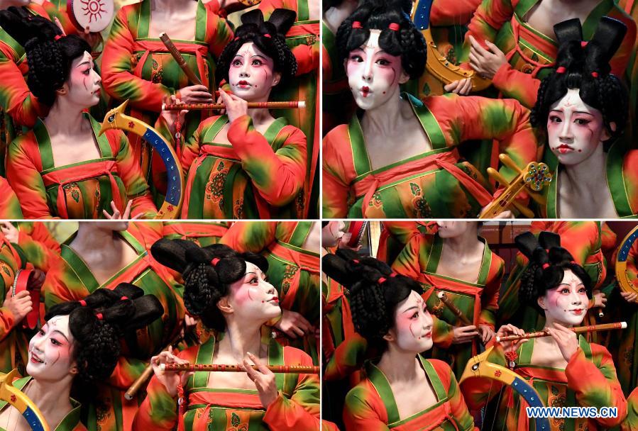 Combo photo shows dancers posing for photos during the recording of a program at Henan Museum in Zhengzhou, central China's Henan Province, Feb. 20, 2021. Fourteen dancers from Zhengzhou Song and Dance Theater have been very busy since the dancing they performed went viral online. The performance, named Banquet of Tang Palace, was staged at the Spring Festival gala of Henan Province. Brilliantly choreographed and acted, the dancing has almost brought ancient dancing figurines of the Tang Dynasty (618-907) alive. The performance Banquet of Tang Palace, inspired by the dancing figurines displayed at a museum, tells a story about the life of female musicians during the Tang Dynasty. 