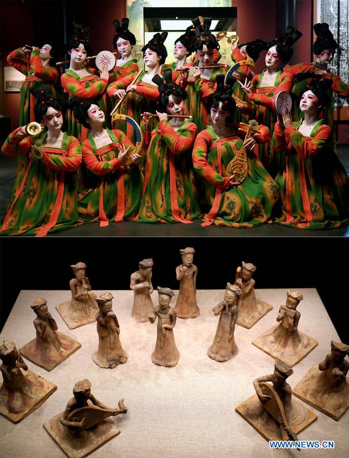 Combo photo shows dancers posing for photo during the recording of a program at Henan Museum in Zhengzhou, central China's Henan Province, Feb. 20, 2021 (top) and exhibits displayed at Henan Museum in Zhengzhou, central China's Henan Province, Sept. 24, 2020. Fourteen dancers from Zhengzhou Song and Dance Theater have been very busy since the dancing they performed went viral online. The performance, named Banquet of Tang Palace, was staged at the Spring Festival gala of Henan Province. Brilliantly choreographed and acted, the dancing has almost brought ancient dancing figurines of the Tang Dynasty (618-907) alive. The performance Banquet of Tang Palace, inspired by the dancing figurines displayed at a museum, tells a story about the life of female musicians during the Tang Dynasty. 