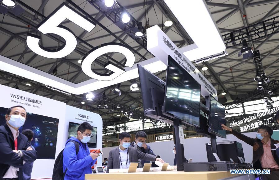 Photo taken on Feb. 23, 2021 shows a view of the Mobile World Congress (MWC) Shanghai 2021 in east China's Shanghai. The MWC Shanghai 2021 opened on Tuesday. (Xinhua/Fang Zhe)